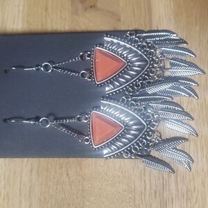 Orange and silver feather earrings